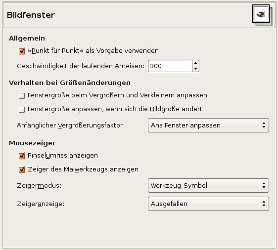 Einstellungsansicht für das Verhalten des Bildfensters